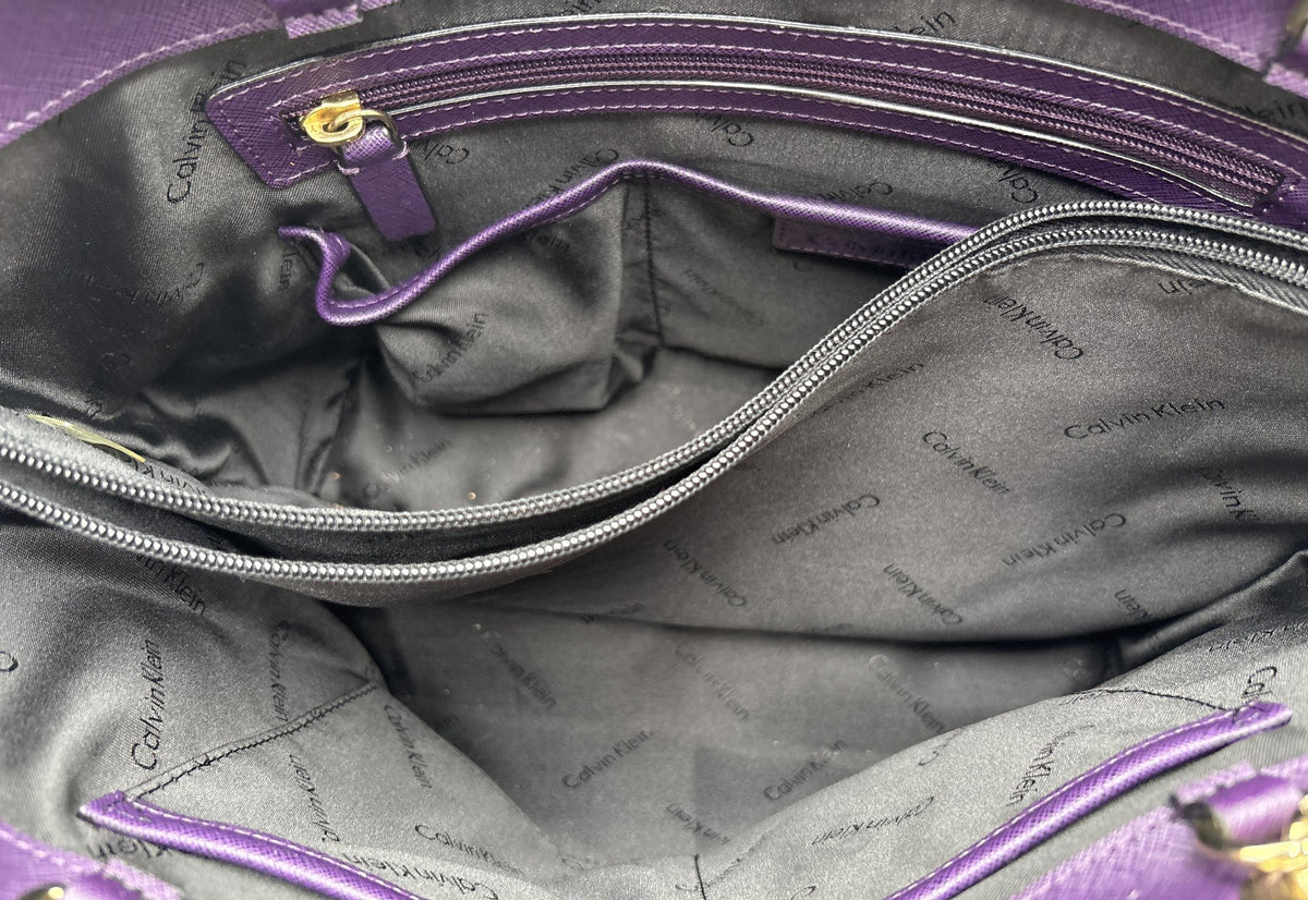 Calvin Klein plum purple saffiano-texture tote with gold-tone chain shoulder straps, view 7