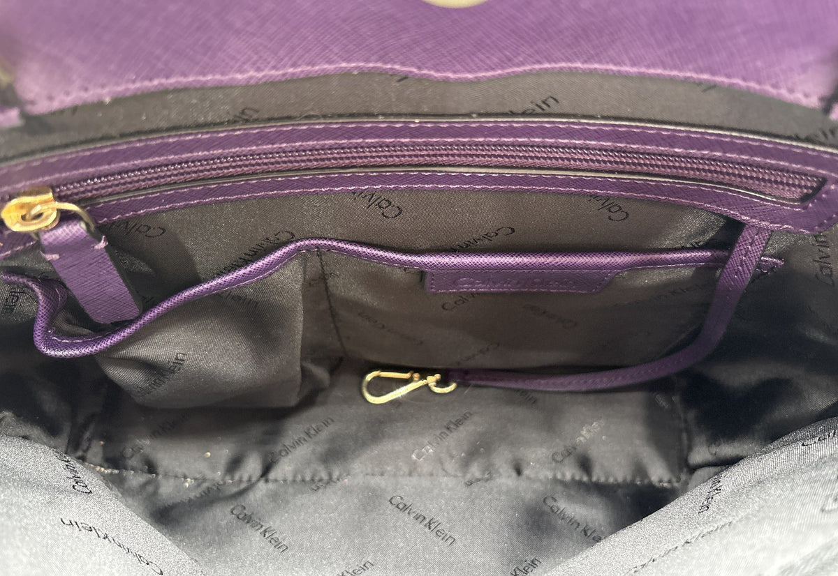 Calvin Klein plum purple saffiano-texture tote with gold-tone chain shoulder straps, view 8