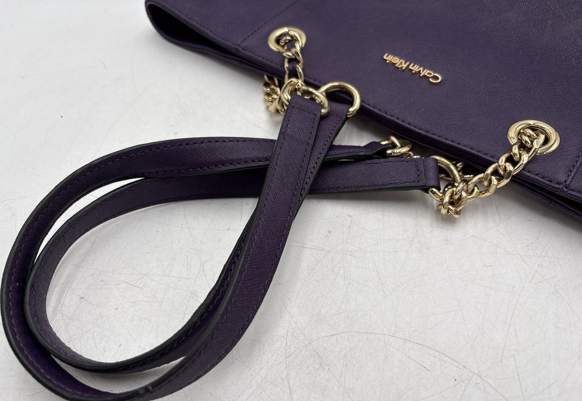 Calvin Klein plum purple saffiano-texture tote with gold-tone chain shoulder straps, view 10