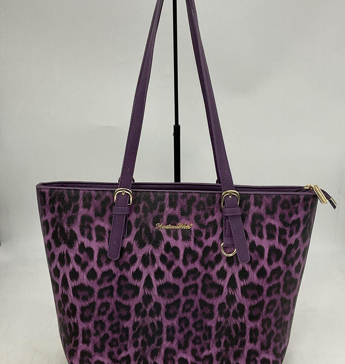 Montana West purple faux leather tote with black leopard print front panel, view 2