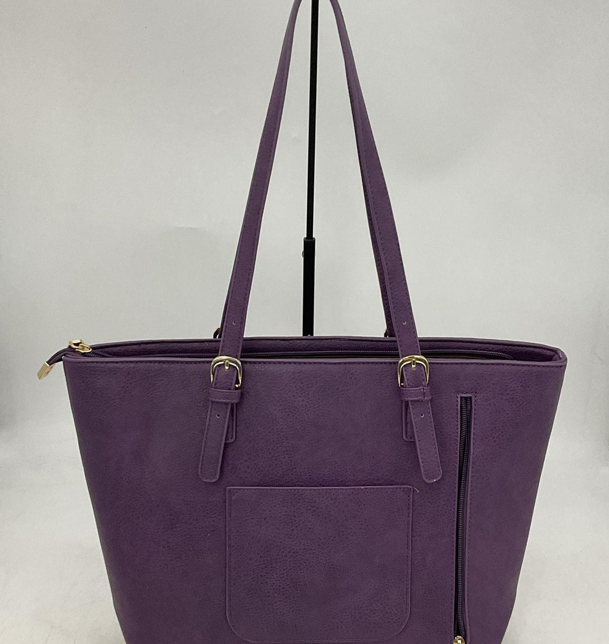 Montana West purple faux leather tote with black leopard print front panel, view 3