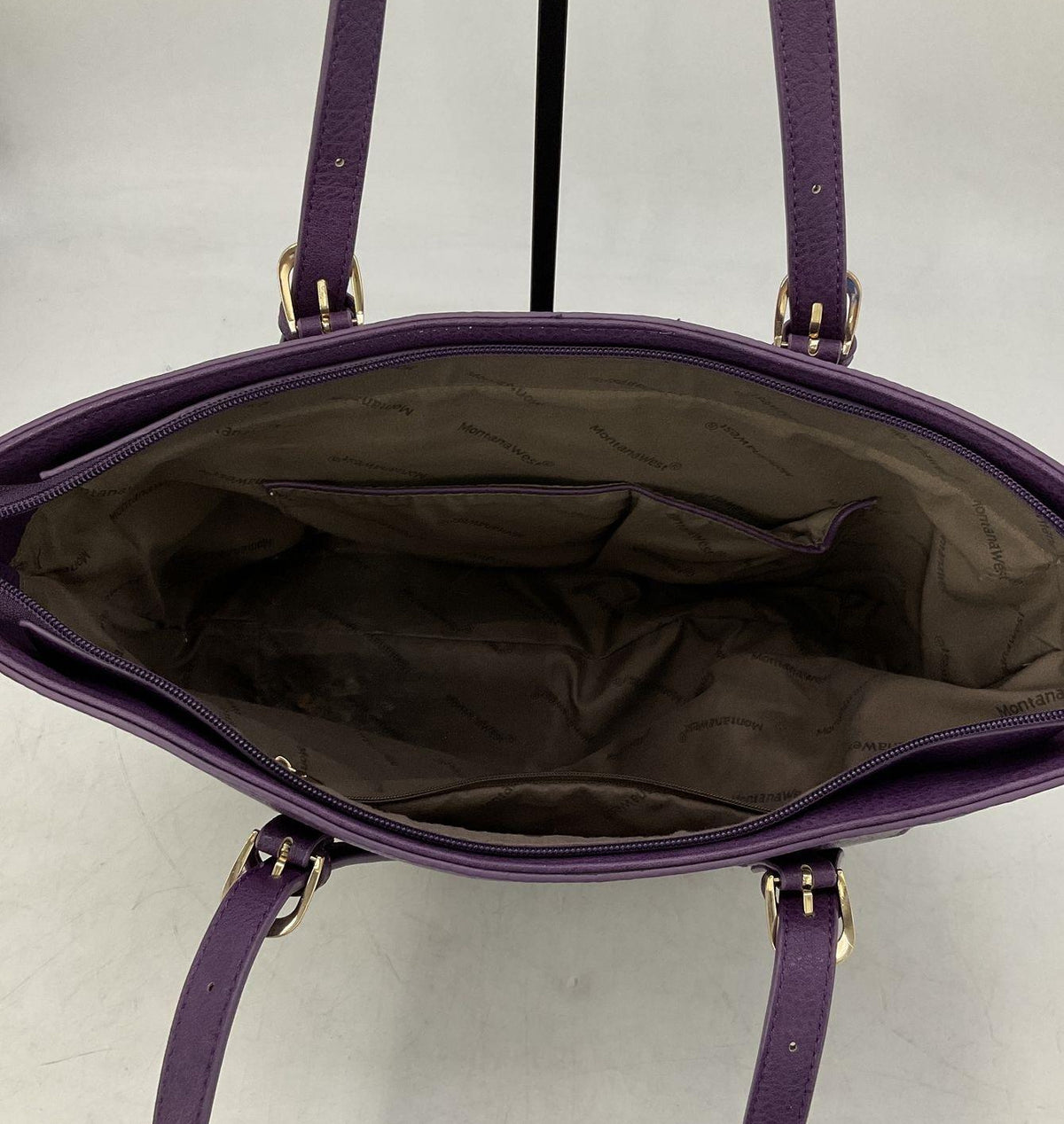Montana West purple faux leather tote with black leopard print front panel, view 4