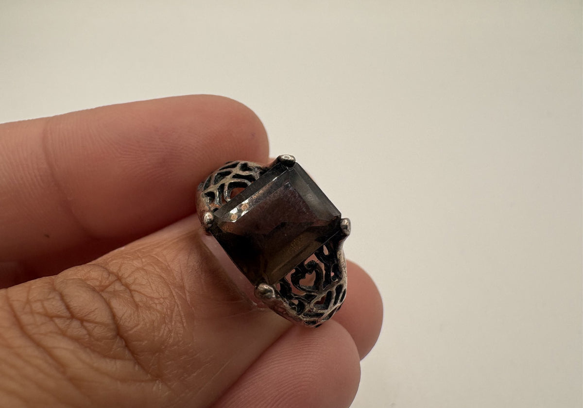 Silver ring with rectangular smoky brown stone in four prongs and openwork filigree shoulders, view 6