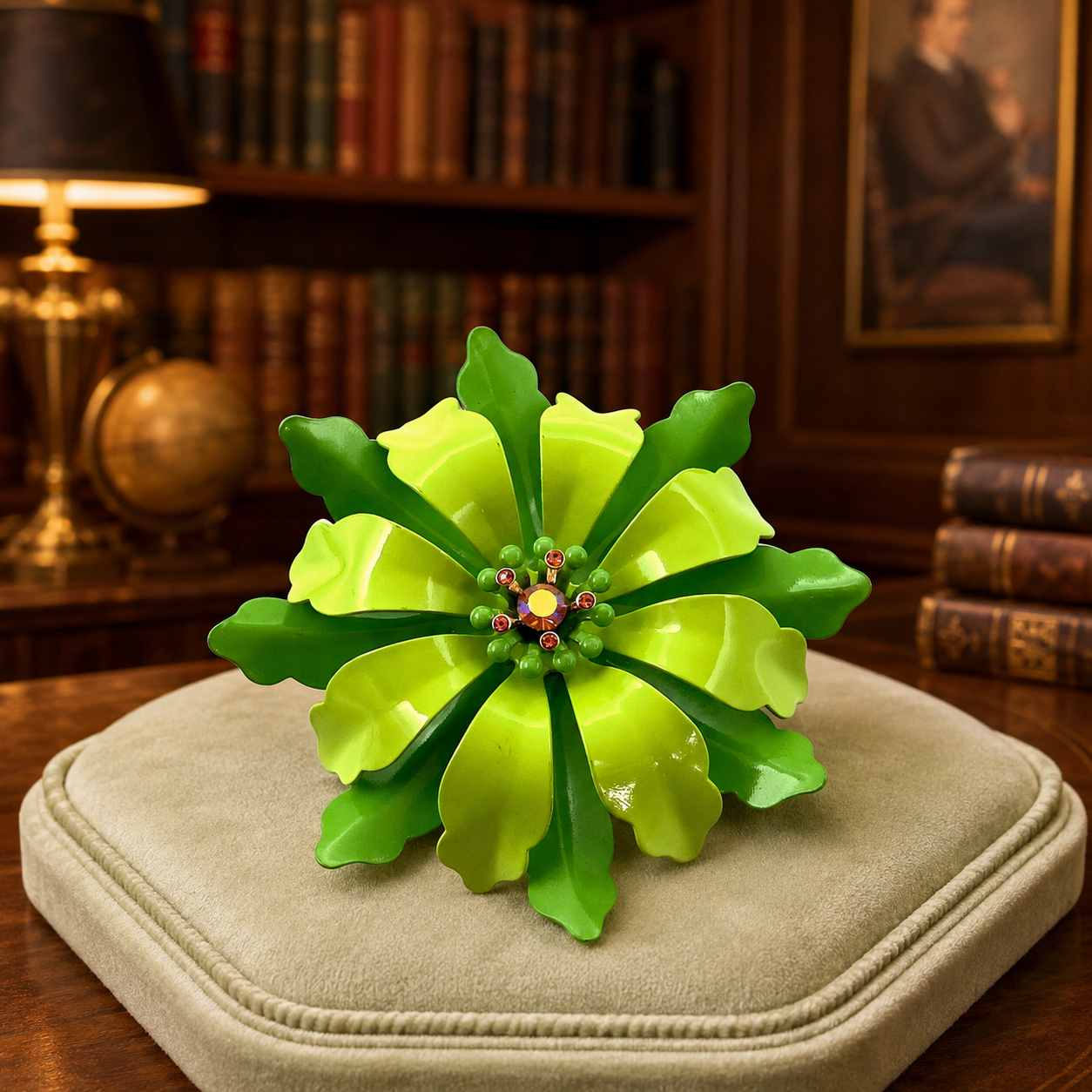 Signed Vintage Green Enamel Layered Flower Brooch 2.5 x 3 Inch
