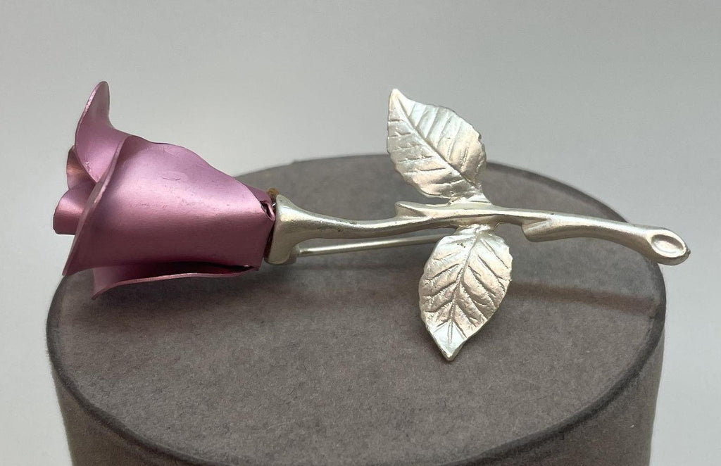 Avon Silver Tone Pink Rose Stem Brooch