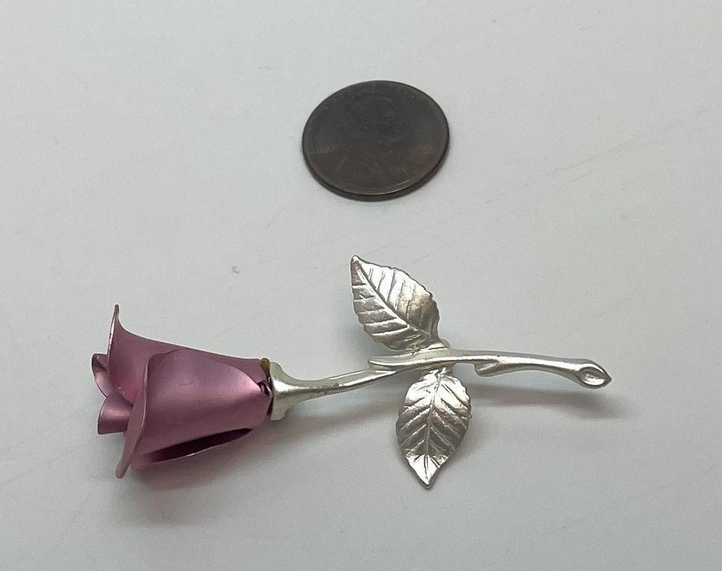 Avon Silver Tone Pink Rose Stem Brooch
