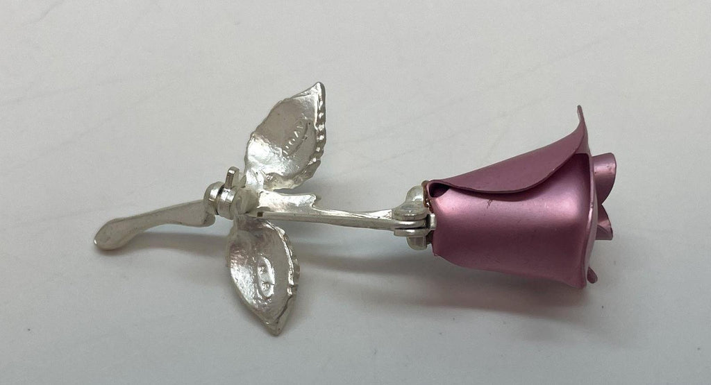 Avon Silver Tone Pink Rose Stem Brooch