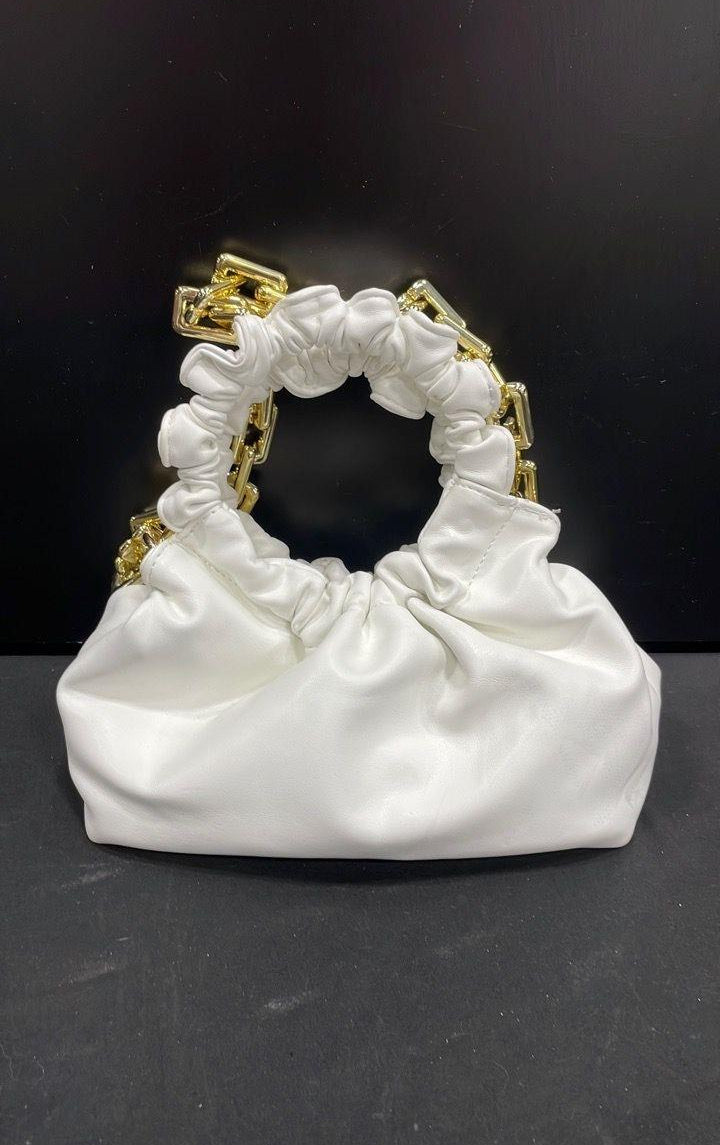 3am Forever White Ruched Cloud Clutch with Gold Chain Handle