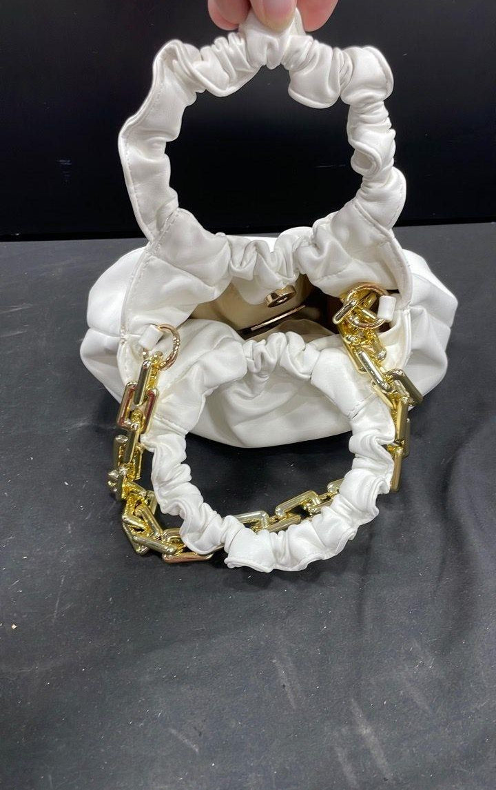 3am Forever White Ruched Cloud Clutch with Gold Chain Handle