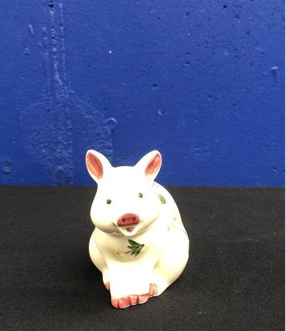 Fitz and Floyd white figural pig toothpick holder painted with pink blossoms and green stems, view 3