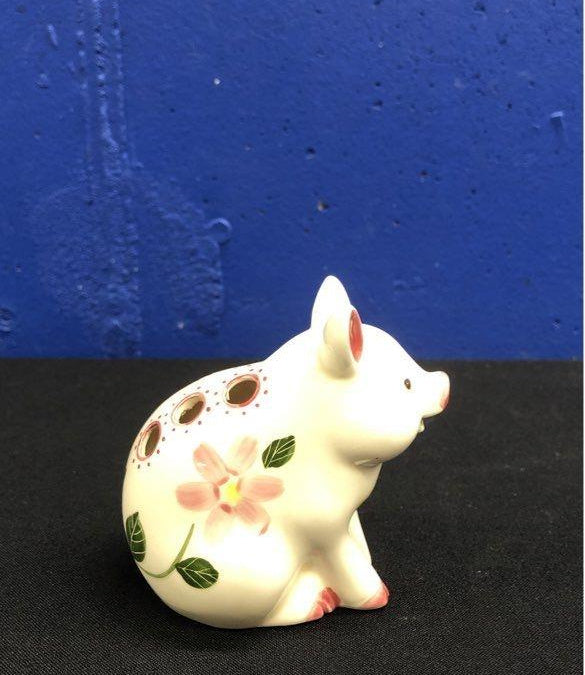Fitz and Floyd white figural pig toothpick holder painted with pink blossoms and green stems, view 4