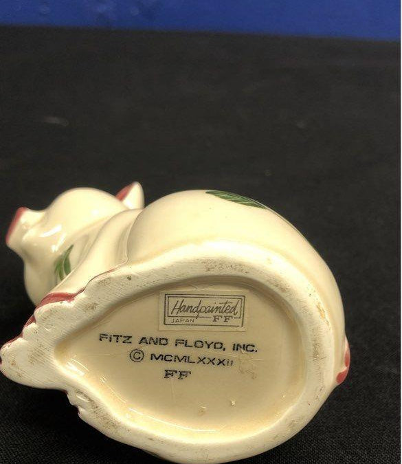 Fitz and Floyd white figural pig toothpick holder painted with pink blossoms and green stems, view 7