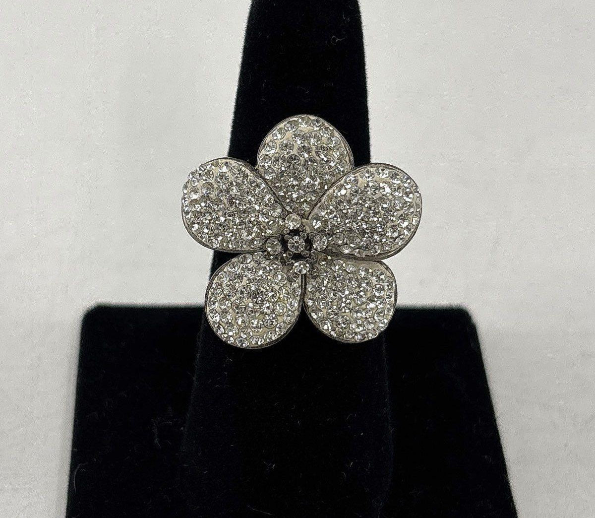 Silver five-petal flower statement ring pavé-set with clear rhinestones, view 2