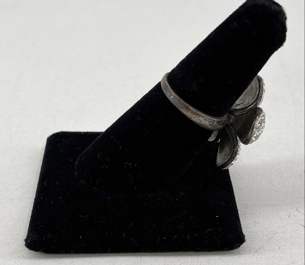 Silver five-petal flower statement ring pavé-set with clear rhinestones, view 3