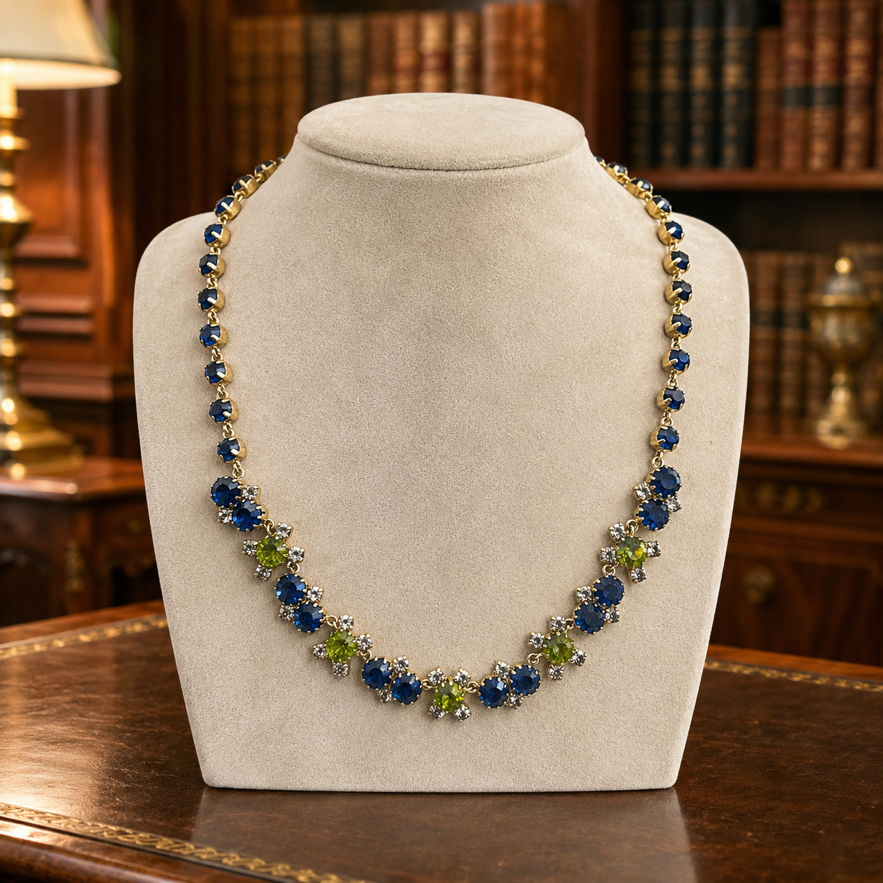 Ann Taylor Gold Tone Blue & Green Rhinestone Necklace 29.6g