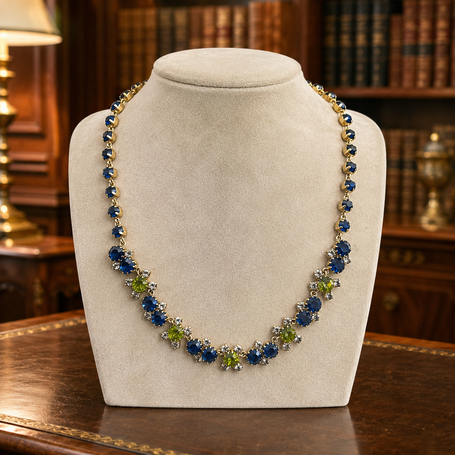 Ann Taylor Gold Tone Blue & Green Rhinestone Necklace 29.6g