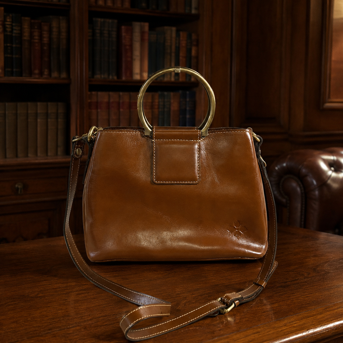 Patricia Nash Cognac Leather Ring Handle Satchel Crossbody