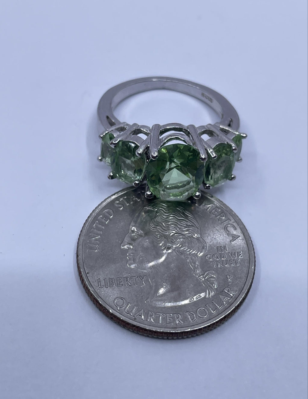 Silver Tone Three Stone Green Oval Ring Size 7