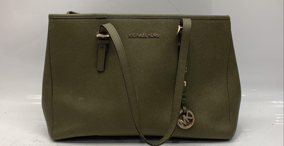 Michael Kors olive green crosshatch tote with gold-tone feet and MK medallion charm, view 2