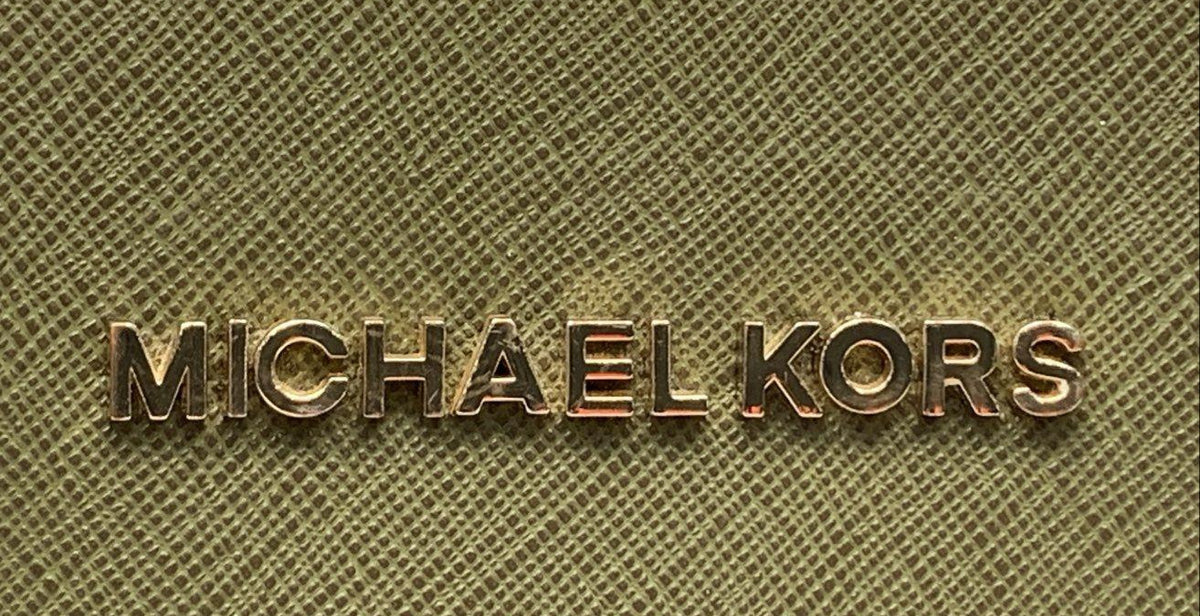 Michael Kors olive green crosshatch tote with gold-tone feet and MK medallion charm, view 4