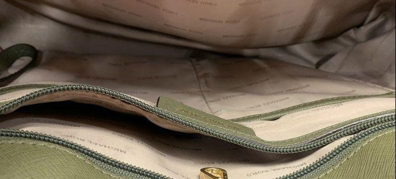 Michael Kors olive green crosshatch tote with gold-tone feet and MK medallion charm, view 9