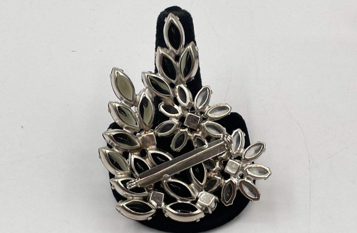 Silver-tone flower spray brooch with smoky gray and clear marquise aurora borealis rhinestones, view 4