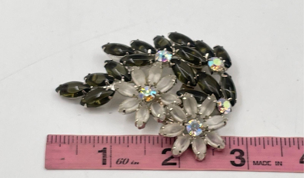 Silver-tone flower spray brooch with smoky gray and clear marquise aurora borealis rhinestones, view 5