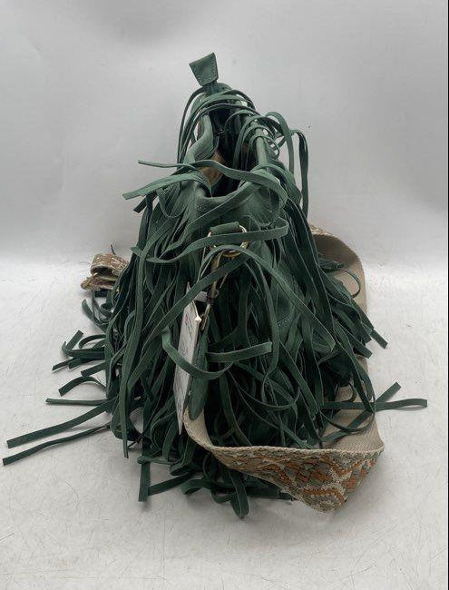 Jen & Co. green faux suede fringe shoulder bag with cream, tan and orange diamond woven strap, view 2