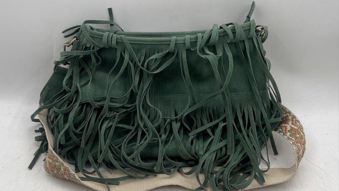Jen & Co. green faux suede fringe shoulder bag with cream, tan and orange diamond woven strap, view 3
