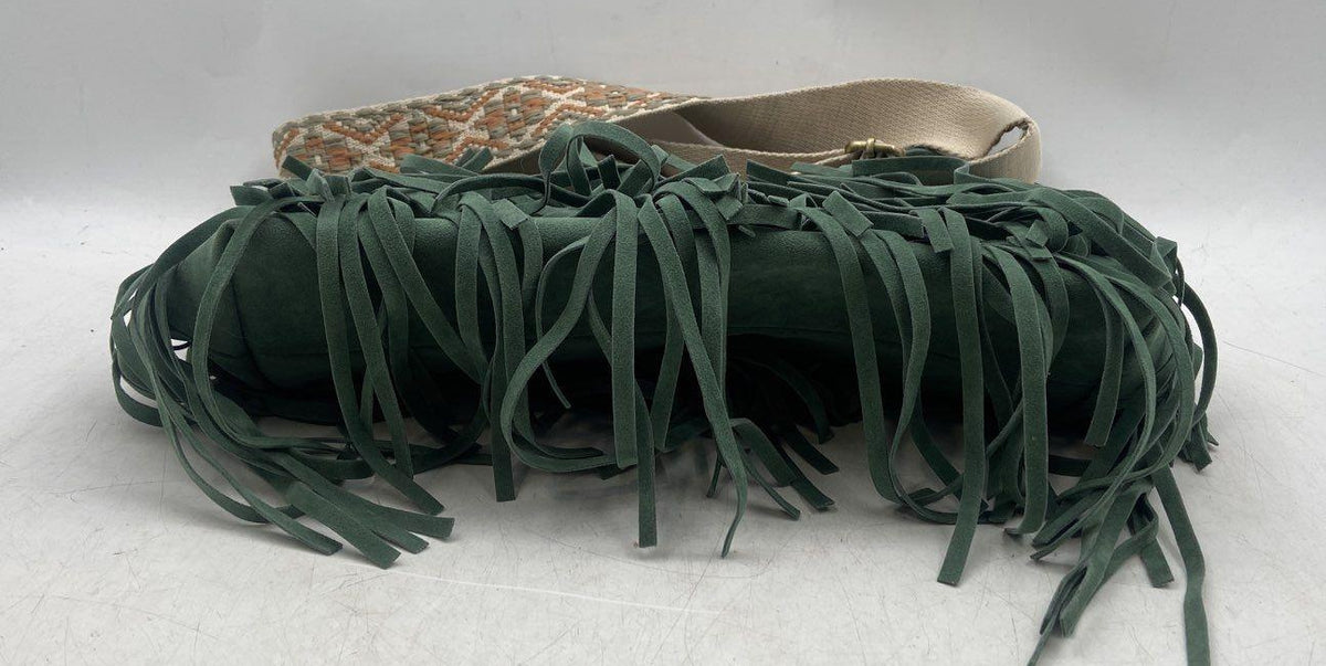 Jen & Co. green faux suede fringe shoulder bag with cream, tan and orange diamond woven strap, view 5