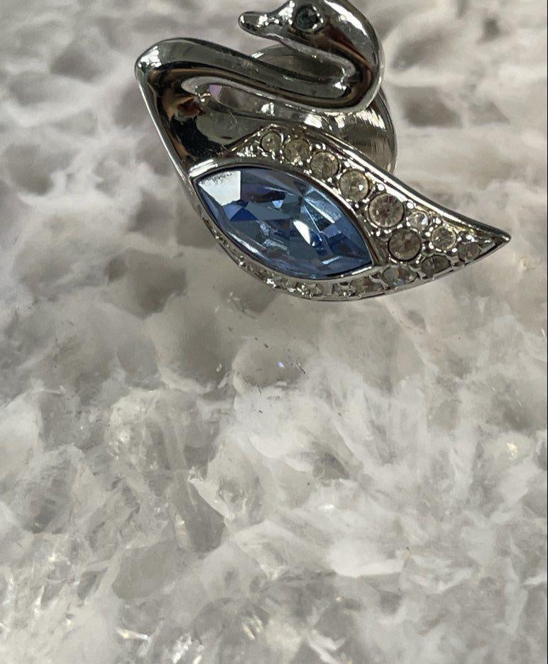 Small silver-tone swan pin with blue and clear stones, view 3