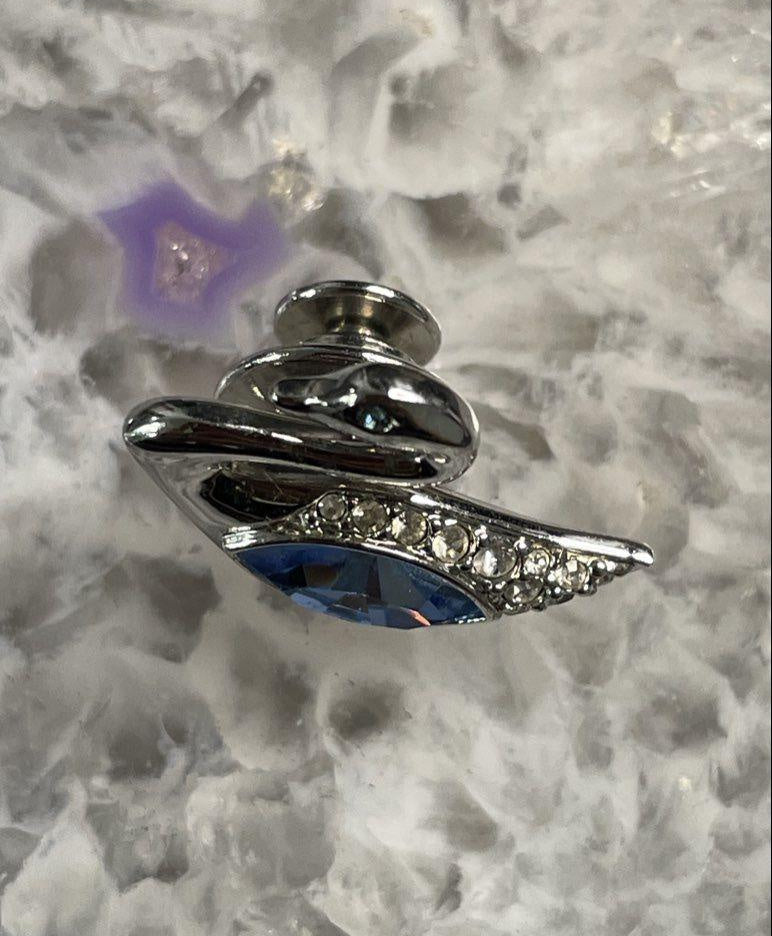 Small silver-tone swan pin with blue and clear stones, view 4