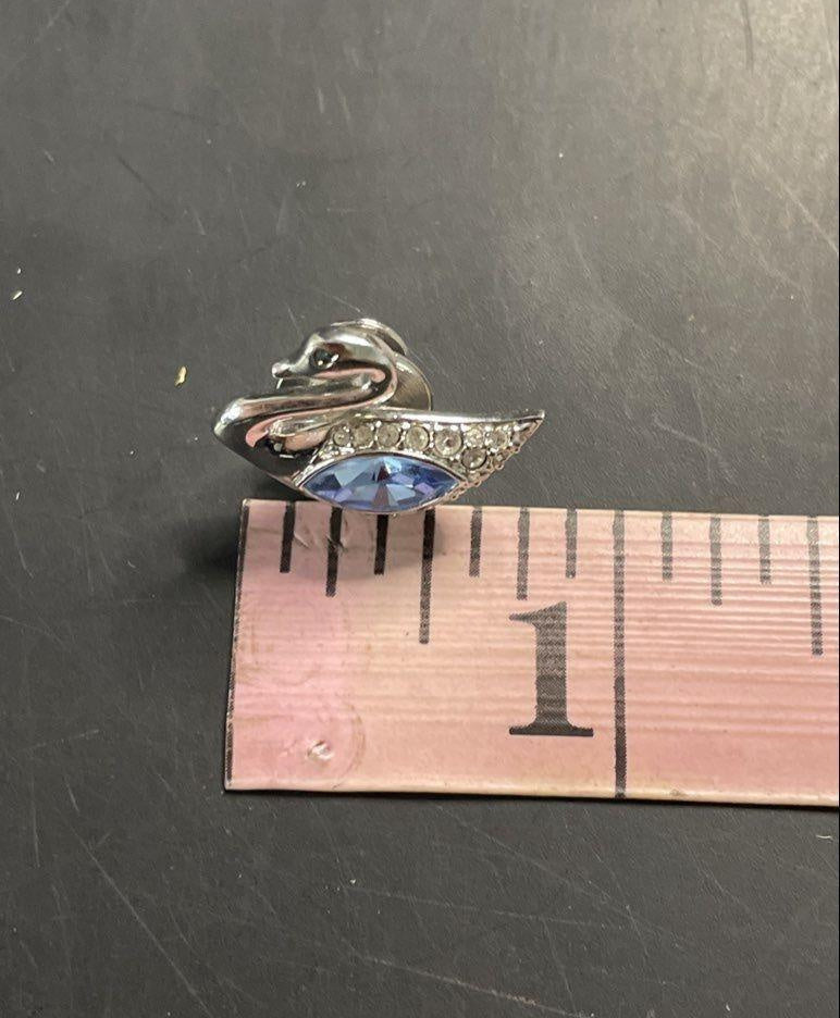 Small silver-tone swan pin with blue and clear stones, view 7