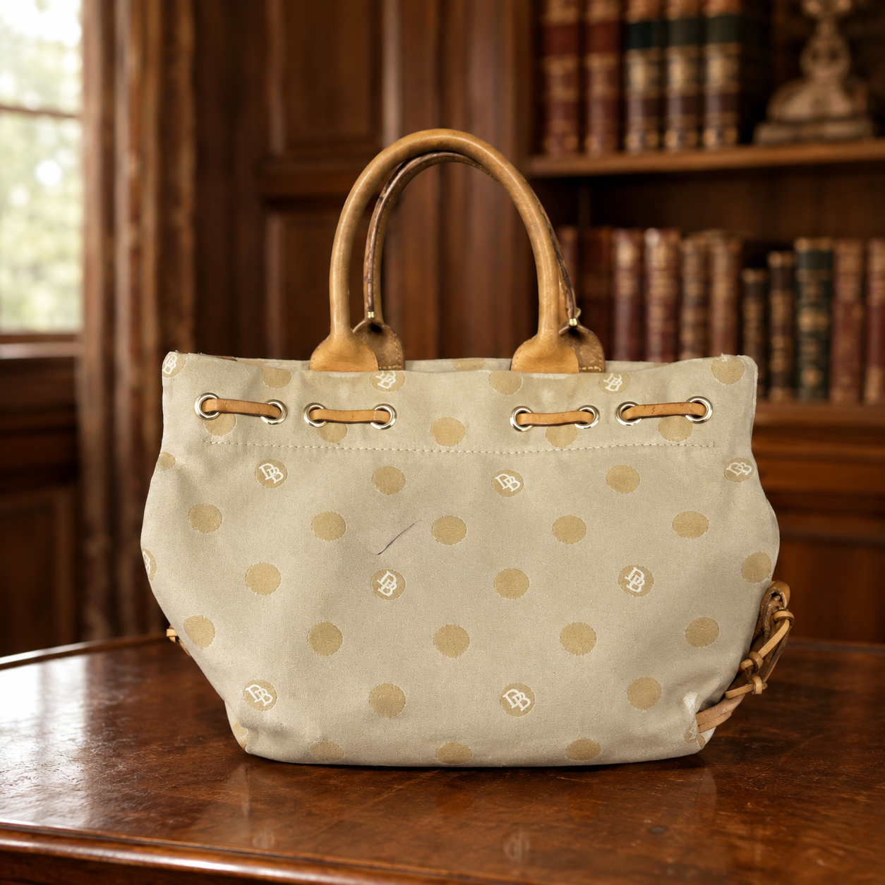 Dooney & Bourke Polka Dot Monogram Canvas Satchel Handbag Tan