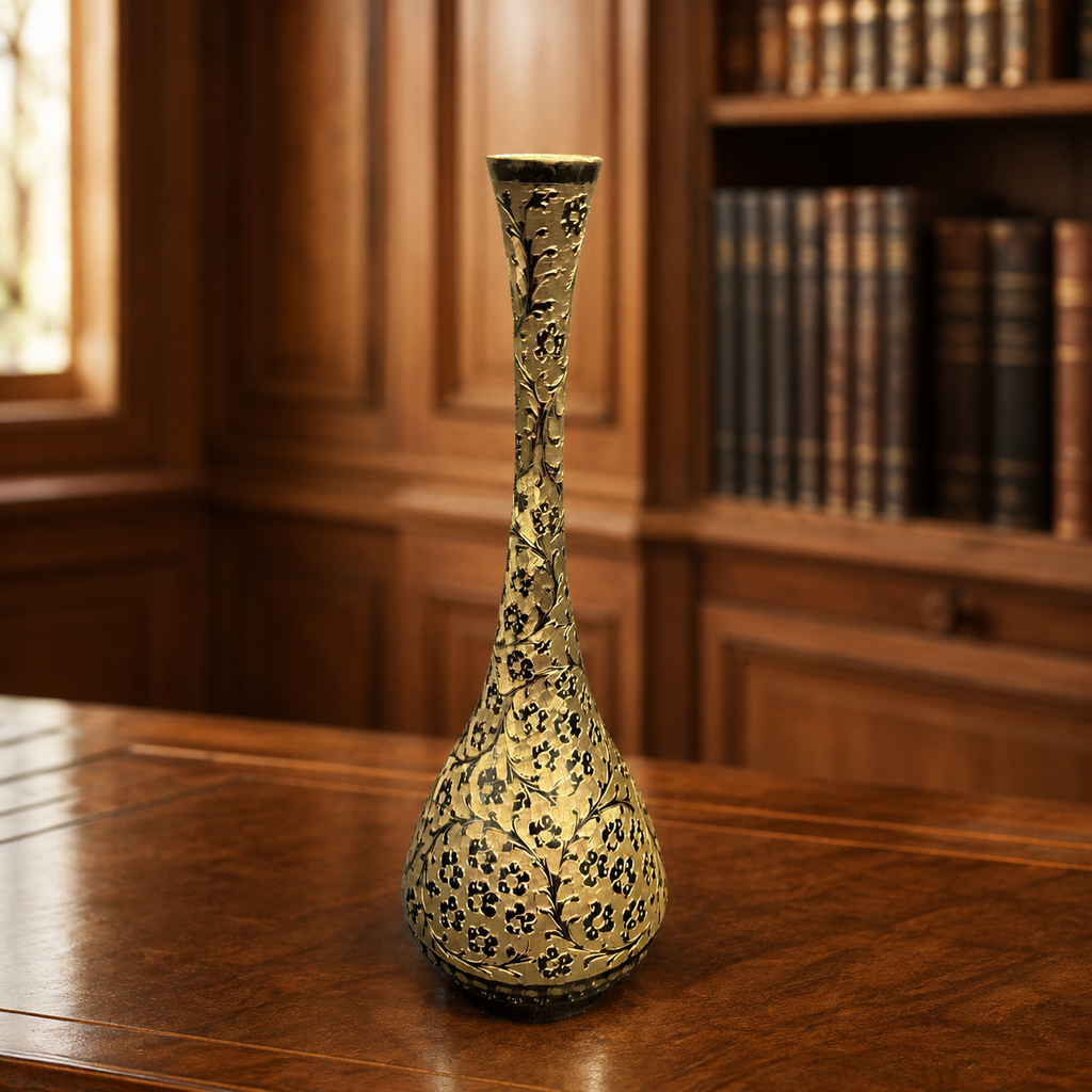 Etched Brass Bud Vase Black Floral 10 Inch