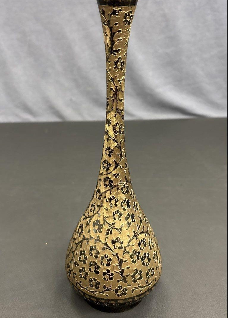 Etched Brass Bud Vase Black Floral 10 Inch