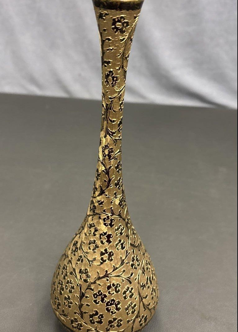 Etched Brass Bud Vase Black Floral 10 Inch