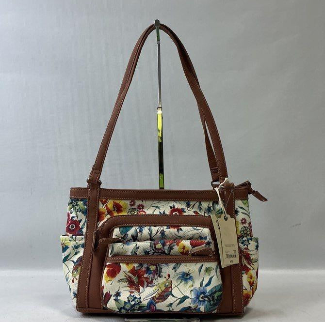 St. John's Bay cream floral print tote with brown trim and double shoulder straps, view 2