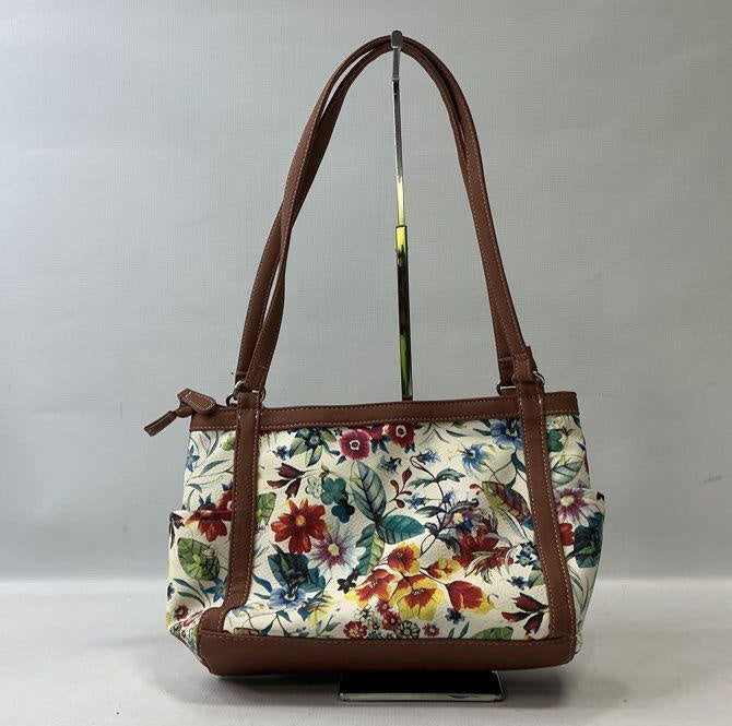 St. John's Bay cream floral print tote with brown trim and double shoulder straps, view 3