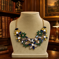 Gold Tone Multicolor Rhinestone Floral Bib Necklace 82.6g