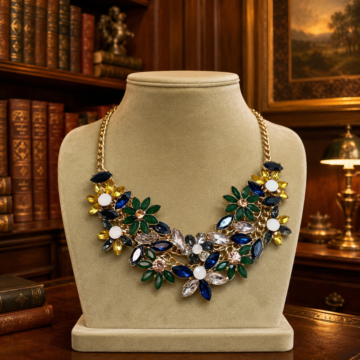 Gold-tone floral bib necklace with multicolor marquise rhinestone flower clusters on a curb chain