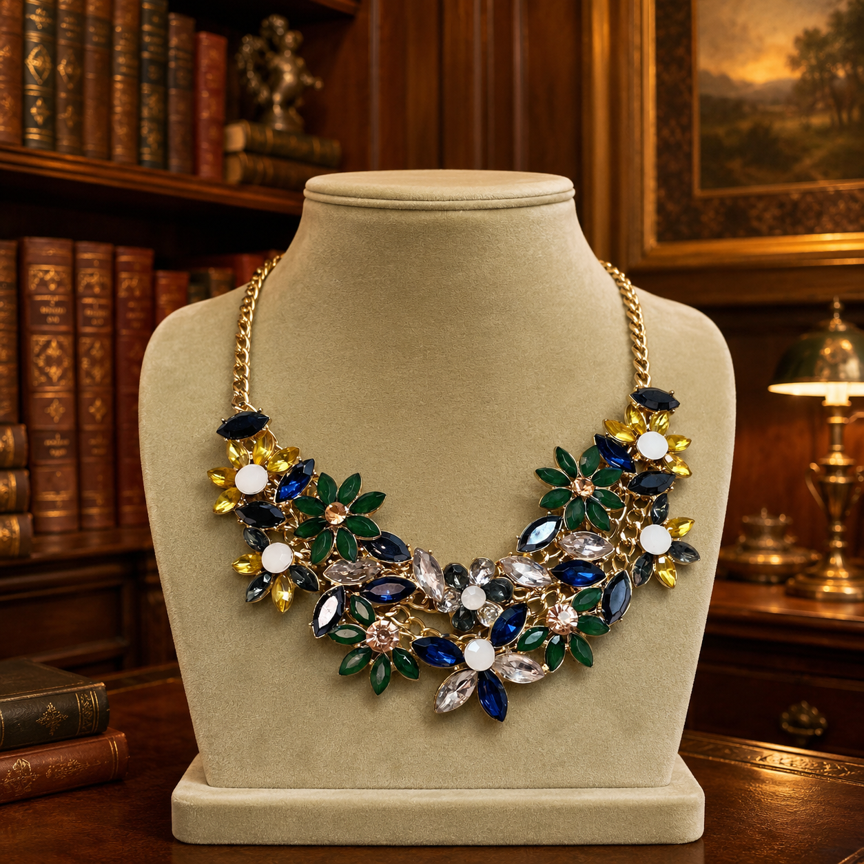 Gold Tone Multicolor Rhinestone Floral Bib Necklace 82.6g