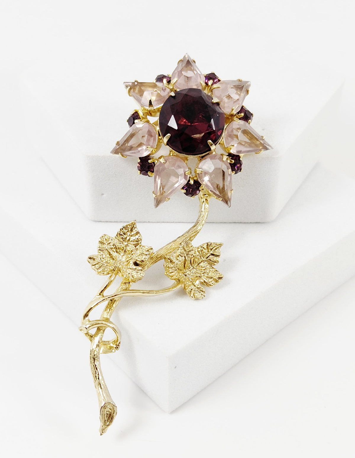 Gold-tone long stem flower brooch with pale pink pear rhinestone petals and ruby-red center, view 2