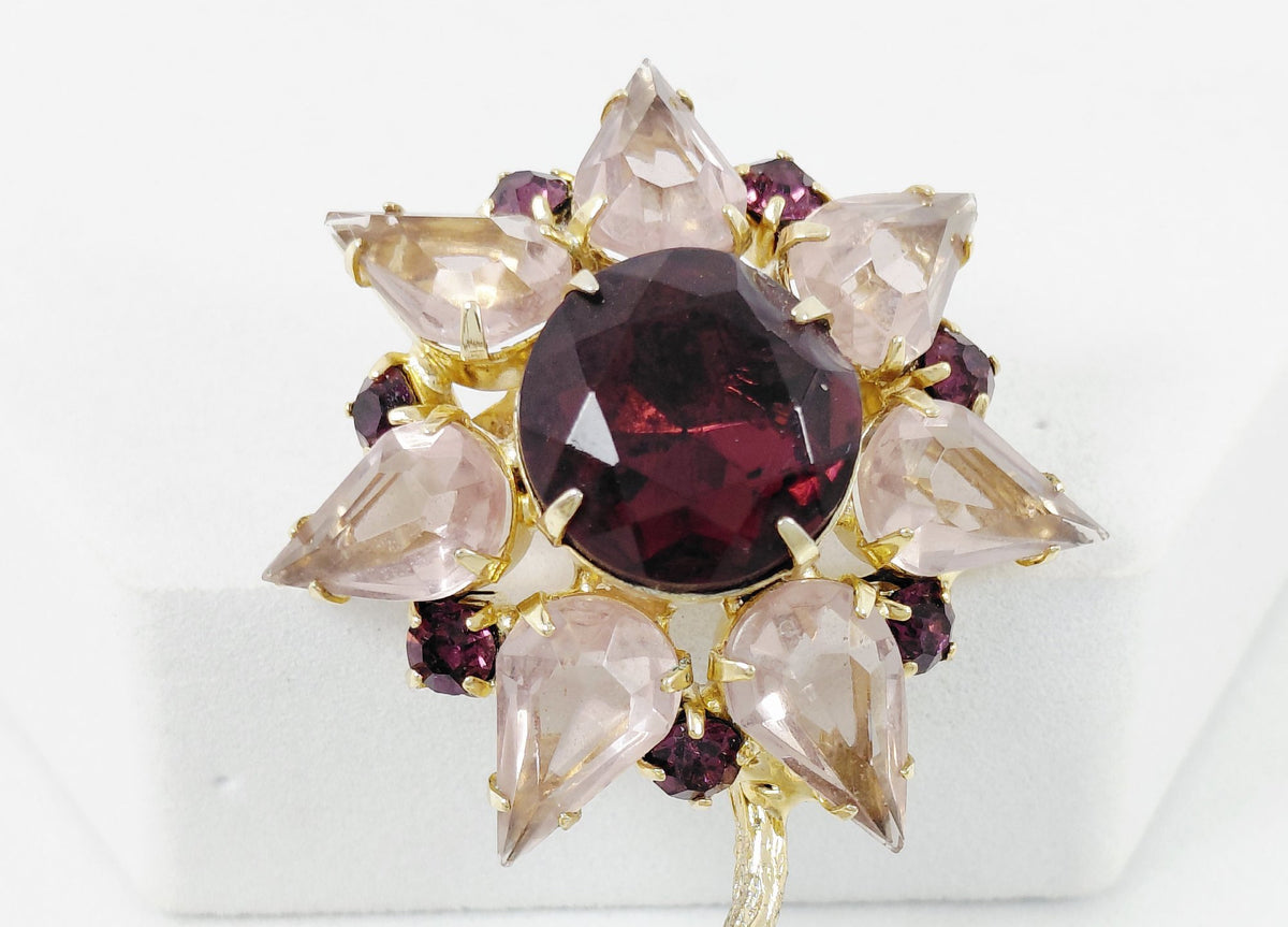 Gold-tone long stem flower brooch with pale pink pear rhinestone petals and ruby-red center, view 3
