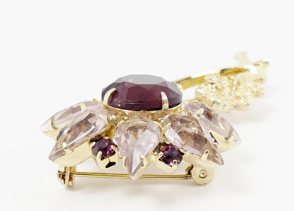Gold-tone long stem flower brooch with pale pink pear rhinestone petals and ruby-red center, view 5
