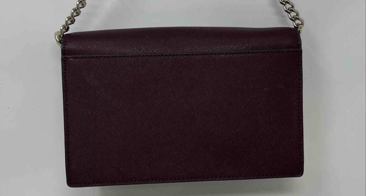 Kate Spade New York burgundy saffiano leather wallet on chain crossbody with spade print lining, view 3