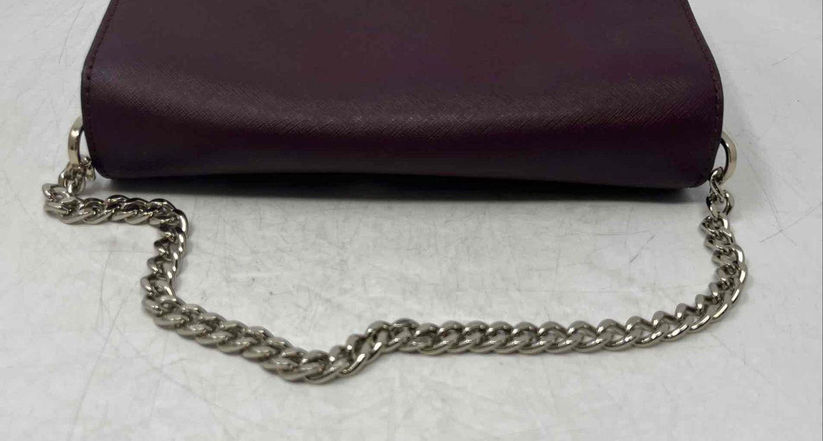 Kate Spade New York burgundy saffiano leather wallet on chain crossbody with spade print lining, view 5