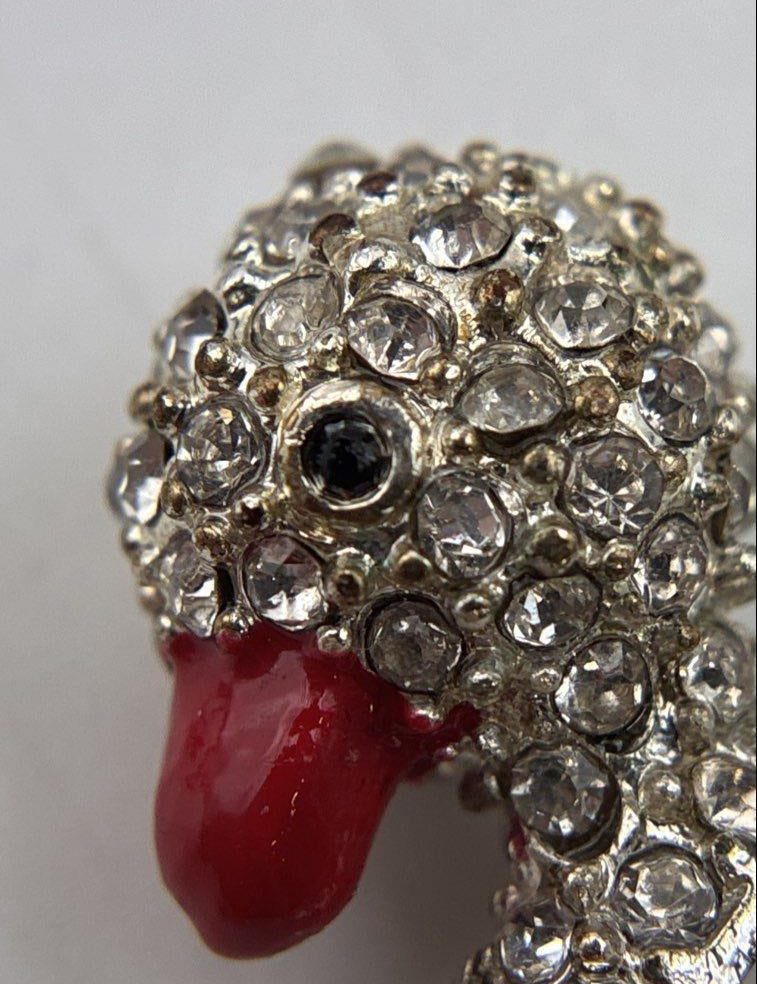 Vintage Silver Tone Icy Rhinestone Enamel Figural Duck Ring 11.9g SZ 5.75