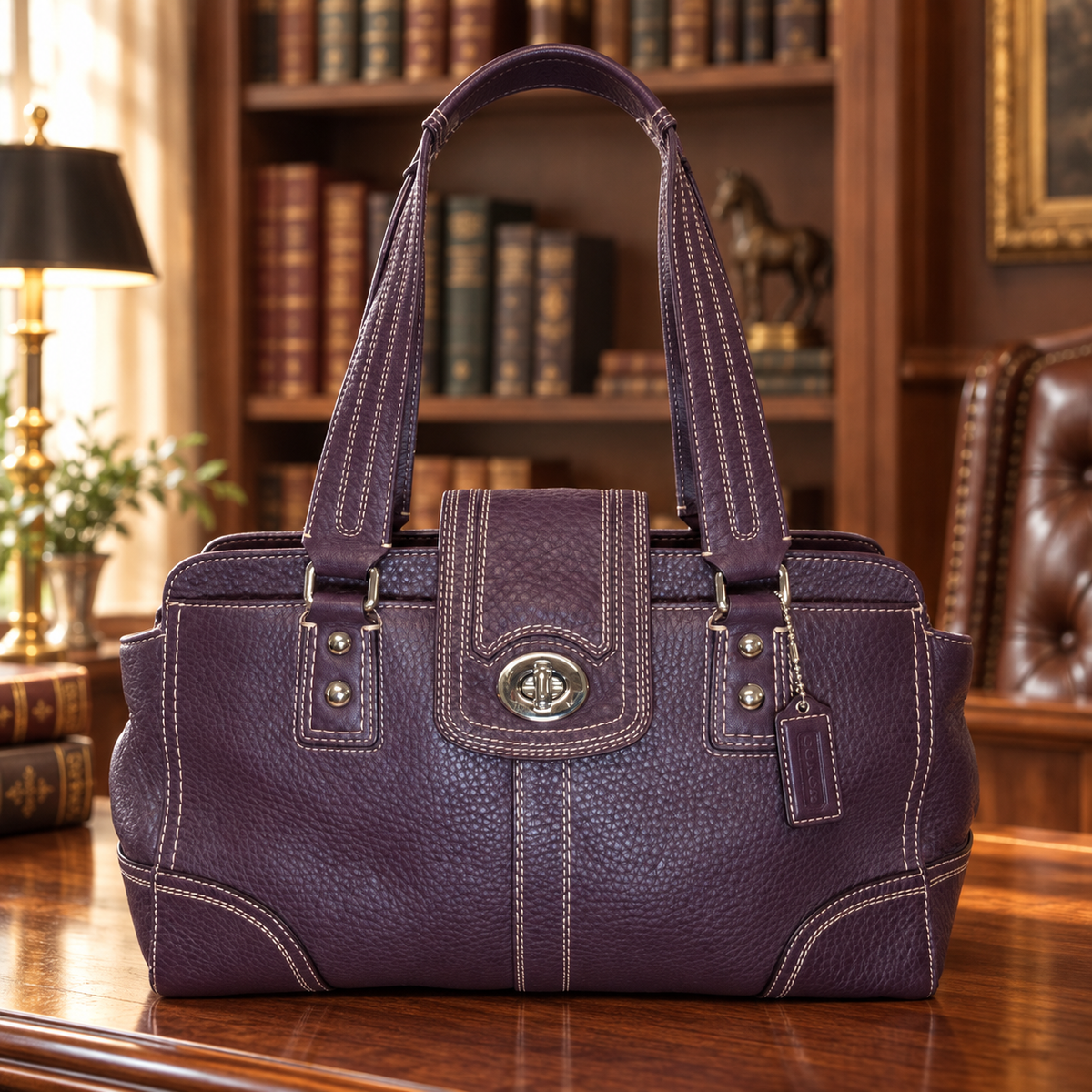 Coach Hampton purple pebbled leather handbag with cream stitching and silver-tone turn-lock