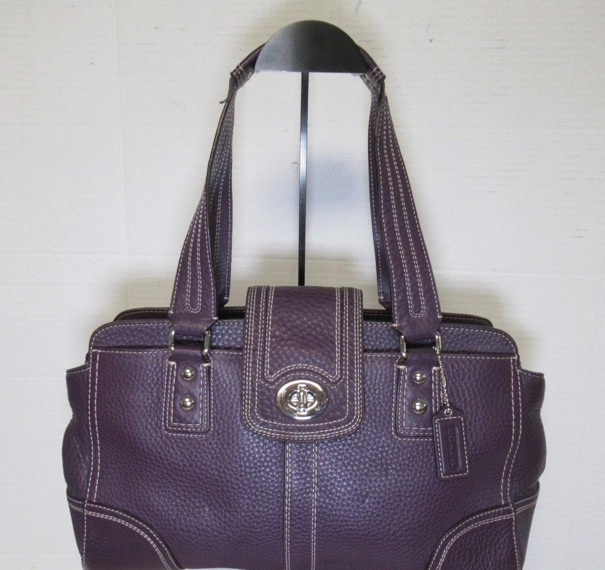 Coach Hampton purple pebbled leather handbag with cream stitching and silver-tone turn-lock, view 2